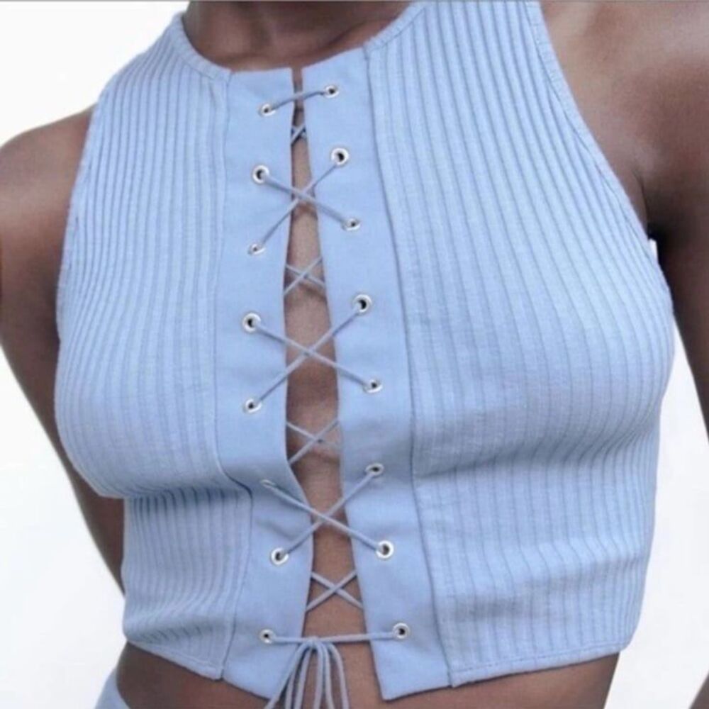 Zara ribbed blue lace up crop top